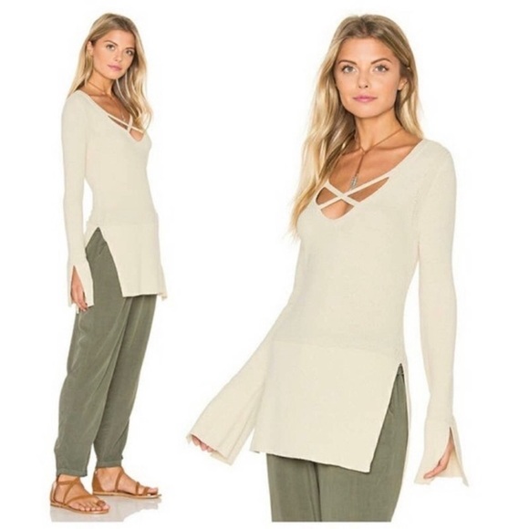 Free People Andi Woven Criss Cross Long Sleeve Tunic Small Tan Linen Blend - Picture 1 of 10